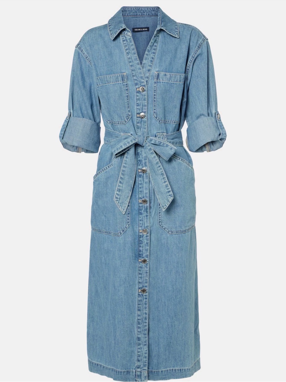 Veronica Beard Light Blue Denim Shirt Dress with Tie Waist